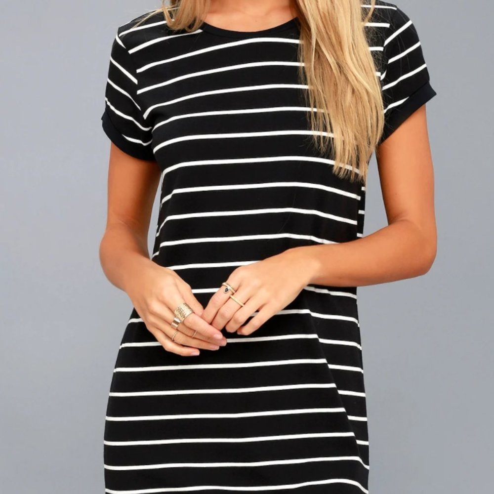 LuLu's Cafe Society Black Striped Shirt Dress NWT